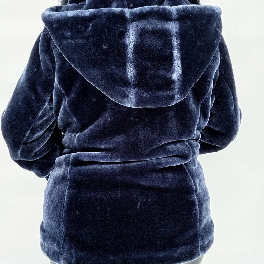 Dennis Basso Midnight Navy Blue Faux Fur Coat Jacket Hooded Plush Womens M Lux - Picture 7 of 16